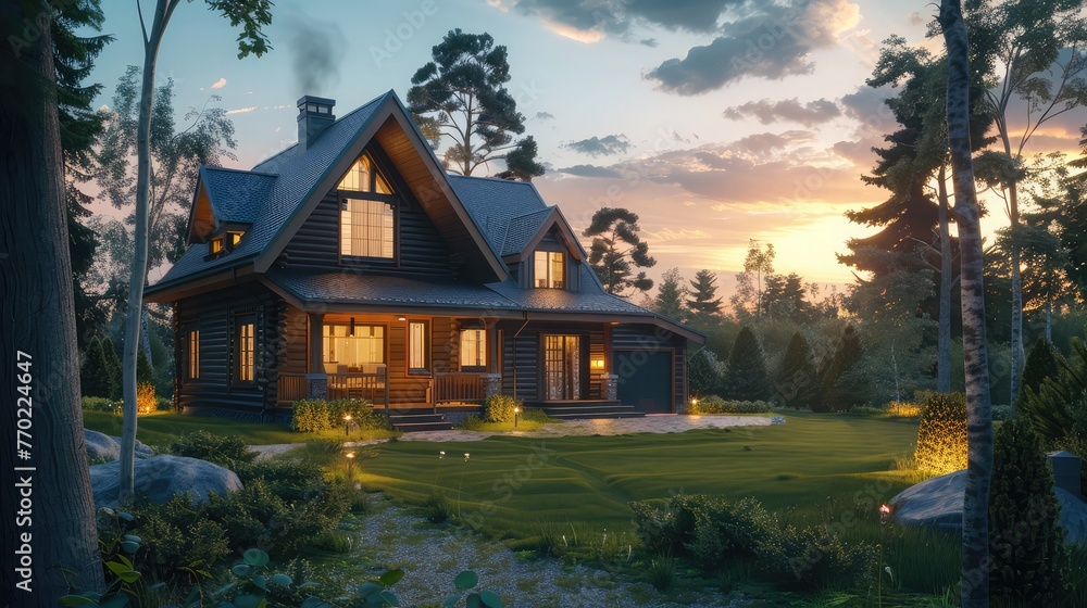 3d rendering of modern cozy house in chalet style with garage for sale or rent with large garden and lawn. Clear summer evenig with soft sky. Cozy warm light from window,Big wooden mansion in pine - obrazy, fototapety, plakaty 