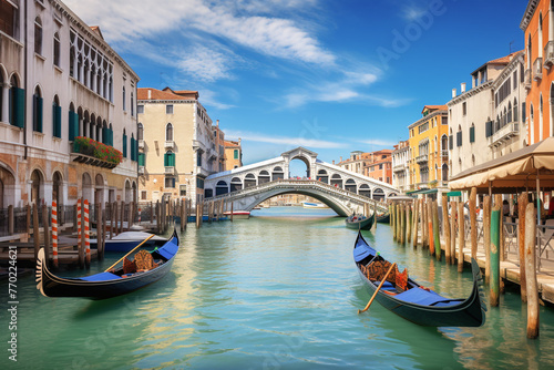 Travel concept. Landscape Venice city canals and gondolas view during sunny summer day