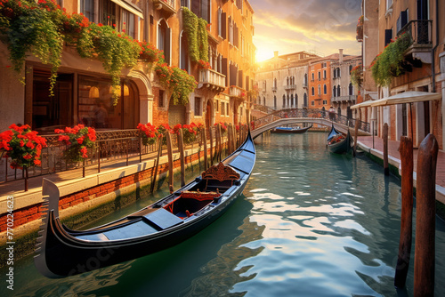 Travel concept. Landscape Venice city canals and gondolas view during sunny summer day