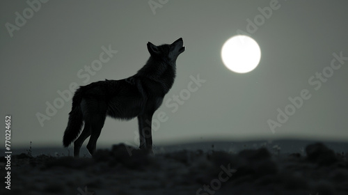 A lone wolf howls at the moon its silhouette standing out against the stark desert backdrop. The purity of the moons light is reflected . .