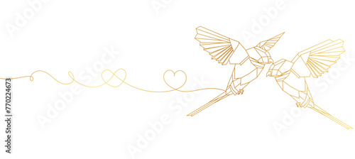 Golden origami bird line art style, line art isolated vector illustration