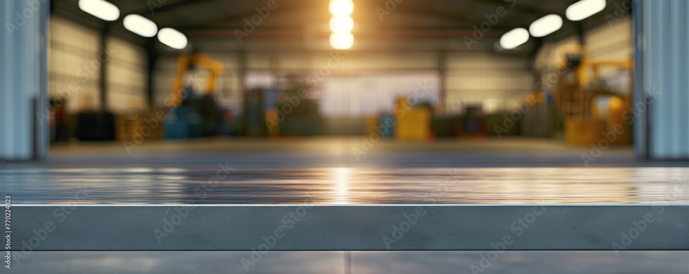 Blank rough metal workshop and desk table surface on blurred garage background with copy space, Empty space for your products and crafty idea in man cave studio. - obrazy, fototapety, plakaty 