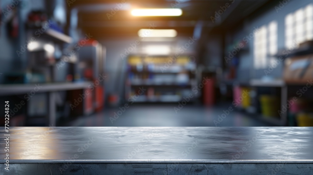 Blank rough metal workshop and desk table surface on blurred garage background with copy space, Empty space for your products and crafty idea in man cave studio. Blank rough metal workshop and desk table surface on blurred garage background with copy space, Empty space for your products and crafty idea in man cave studio.