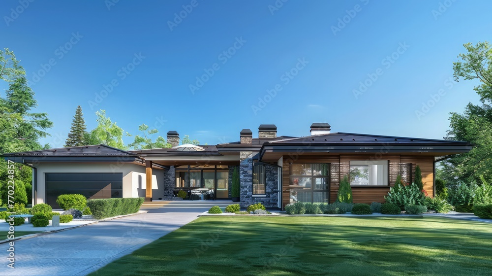 3d rendering of modern cozy house in chalet style with garage for sale or rent with large garden and lawn. Clear sunny summer day with cloudless sky.,Emerging residential area,Beautiful Home Exterior
