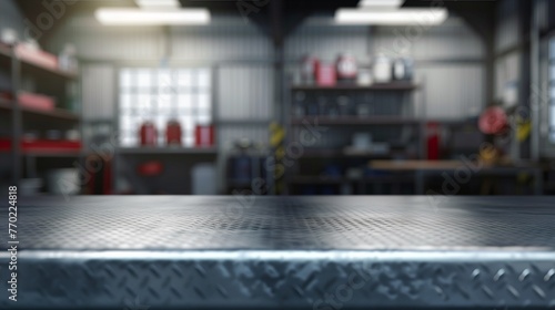 Blank rough metal workshop and desk table surface on blurred garage background with copy space, Empty space for your products and crafty idea in man cave studio.