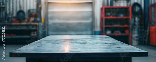 Blank rough metal workshop and desk table surface on blurred garage background with copy space, Empty space for your products and crafty idea in man cave studio.
