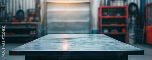 Blank rough metal workshop and desk table surface on blurred garage background with copy space, Empty space for your products and crafty idea in man cave studio. photo
