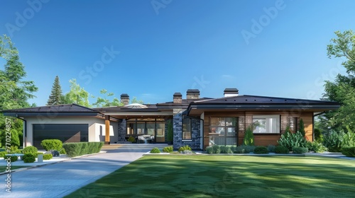 3d rendering of modern cozy house in chalet style with garage for sale or rent with large garden and lawn. Clear sunny summer day with cloudless sky.,Emerging residential area,Beautiful Home Exterior  © samar