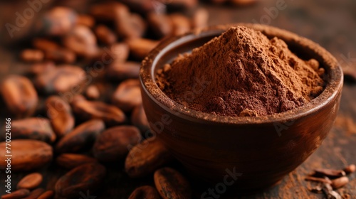 Close up of cocoa powder in a brown ceramic bowl, raw cocoa beans around, with copy space, concept of cocoa trading, cocoa pricing increasing or changing, food ingredient.