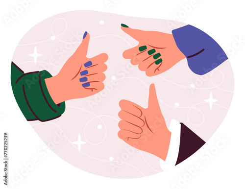 Thumbs up concept. Man and women arms with big fingers. Approval and positive feedback. Good social rating. Poster or banner. Cartoon flat vector illustration isolated on white background
