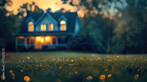 Blurred view of beautiful house in the evening,This little Eco House is situated on a green field,Land scape image of Extensive lawn and house, the sun on the horizon 