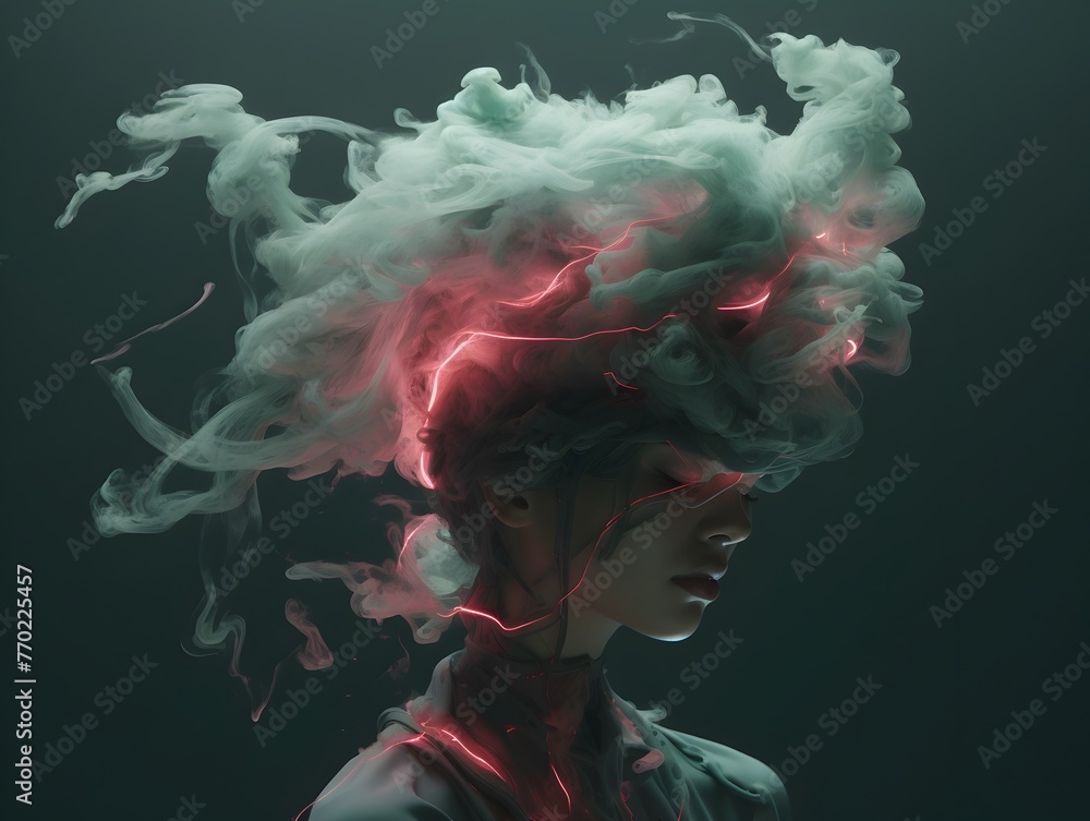 Mesmerizing Semi-Cyborg Portrait Engulfed in Vibrant Swirling Smoke and Energy Flares,Futuristic Digital Artwork with Sci-Fi and Robotic Elements