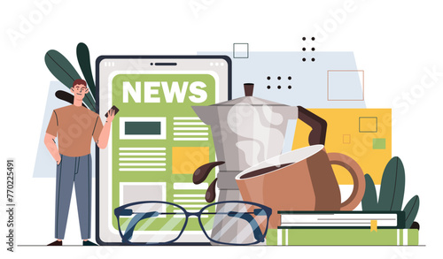 Man with news concept. Young guy near glasses and cup o tea with tablet and smartphone. Mass media information and knowledge on internet. Cartoon flat vector illustration isolated on white background