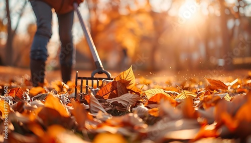 Close-up capture of a person meticulously raking fallen leaves during autumn