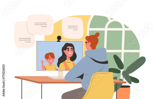 Man communicates with family. Video call or conference, distant communication and interaction. Mother and son tell with husband. Cartoon flat vector illustration isolated on white background