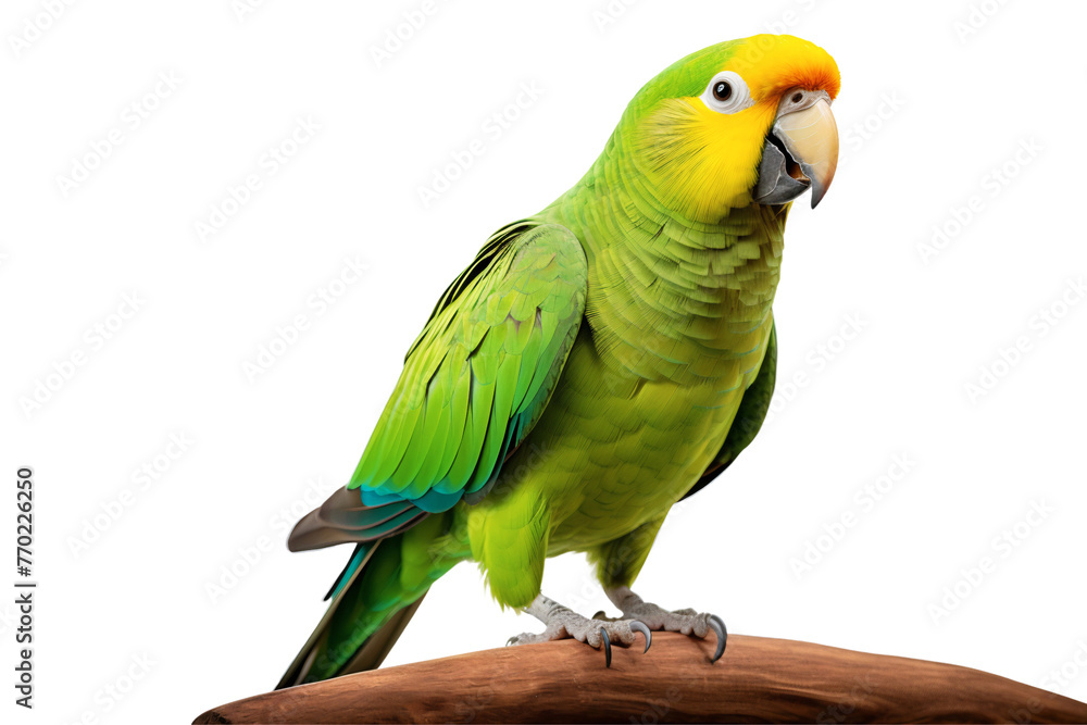 Green parrot standing on tree branch, isolated on transparent background