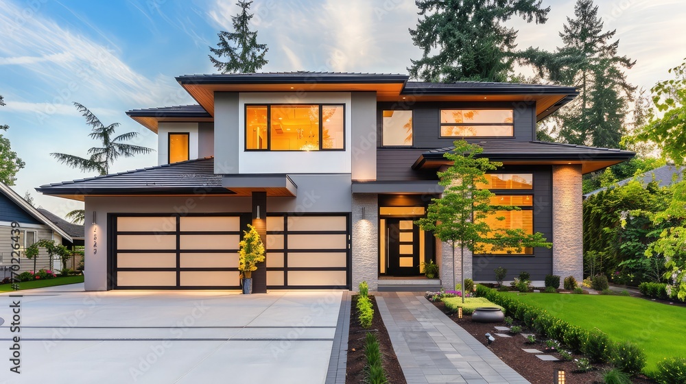 bright two storey modern house with driveway and garage, Showcasing modern architectural design and development.,Front view of a modern stylish white house with walkway to front door bright two storey modern house with driveway and garage, Showcasing modern architectural design and development.,Front view of a modern stylish white house with walkway to front door
