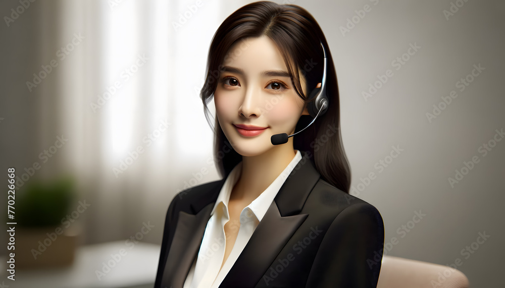 Friendly customer service representative with headset in a modern office setting. Friendly customer service representative with headset in a modern office setting.