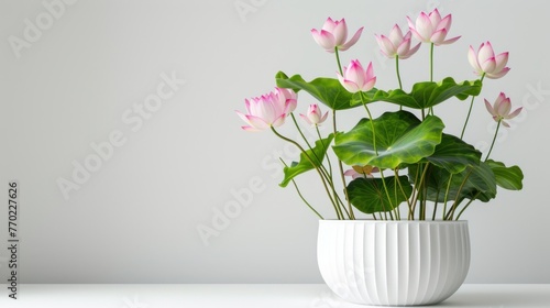 Lotus flower in a white pot, minimalist style on a white background