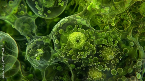The complex inner workings of a single chloroplast are exposed in this image with countless tiny granules and round vesicles packed photo