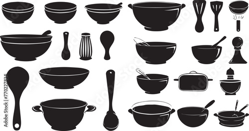 Set of kitchen utensils with bowl , mixer and spoon silhouette vector illustration.