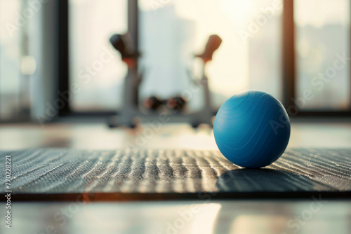 a fitness balls and yoga mat on floor in gym.