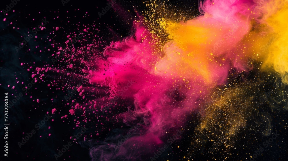 A burst of neon yellow and pink creates a bright and bold contrast against a deep black background.