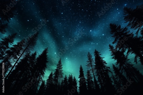 a pine trees under the sky with Northern lights. ai generative