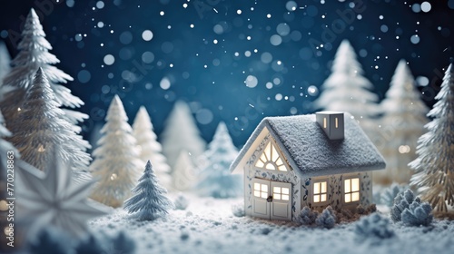 Christmas house in the forest, Paper art depiction of a cozy winter cabin with snowflakes and pine trees © VisionCraft