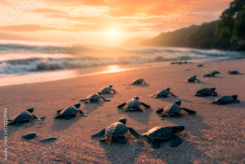 baby turtles on the sandy beach and crawl to the ocean. Generative AI