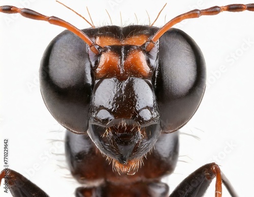 Close-up of the face of an ant against a plain background