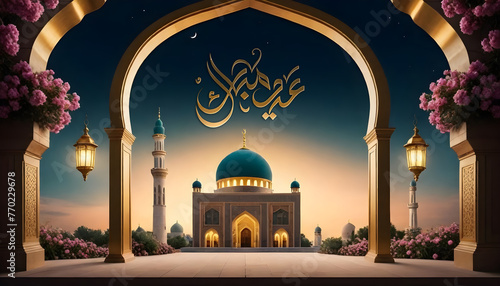 eid mubarak royal elegant lamp with mosque entry holy gate  photo