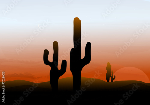 Sunset Landscape in Prairies with Cactuses. Relax Nature Background.
