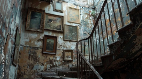 A rustic metal staircase surrounded by peeling wallpaper reaching towards a display of worn frames filled with abstract artwork.