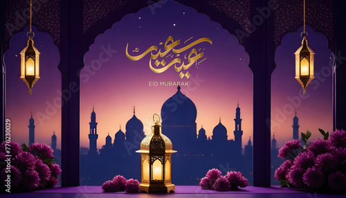 Eid Mubarak Greeting Background Design purple  photo