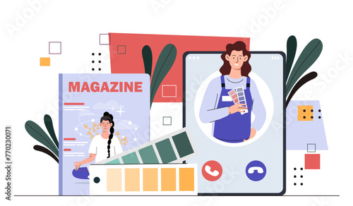 Magazine printing online concept. Woman with colorful palettes and typgraphy. Fashion magazine editor and author. Trendy style template. Cartoon flat vector illustration isolated on white background