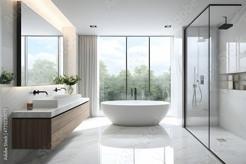 3D rendered image of a modern bathroom with a sleek  minimalist design  white marble with soft and natural light.