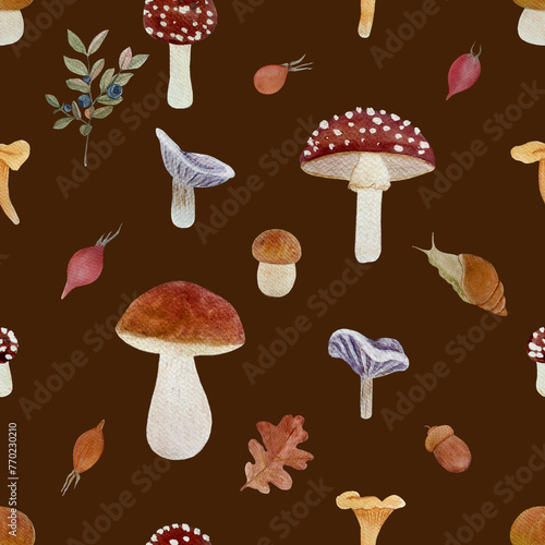 Wild mushroom watercolor seamless pattern on dark brown. Porcini, Chanterelle, Fly agaric and Collybia nuda photo