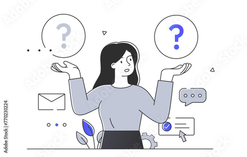 Woman make choice simple. Young girl with question mark. Businesswoman with solution and decision. Entrepreneur decide. Doodle flat vector illustration isolated on white background