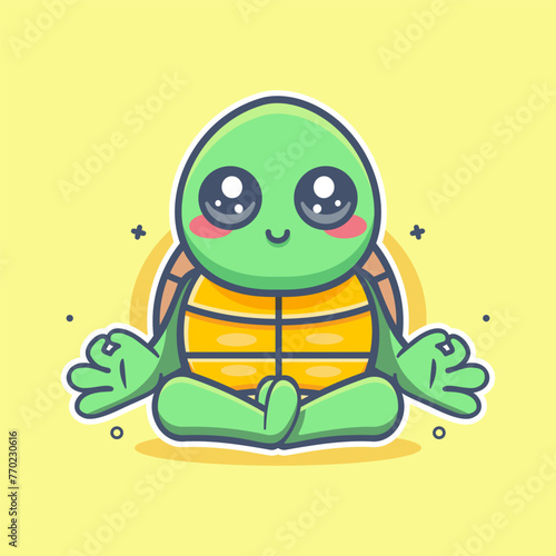 smiling turtle animal character mascot with yoga meditation pose isolated cartoon