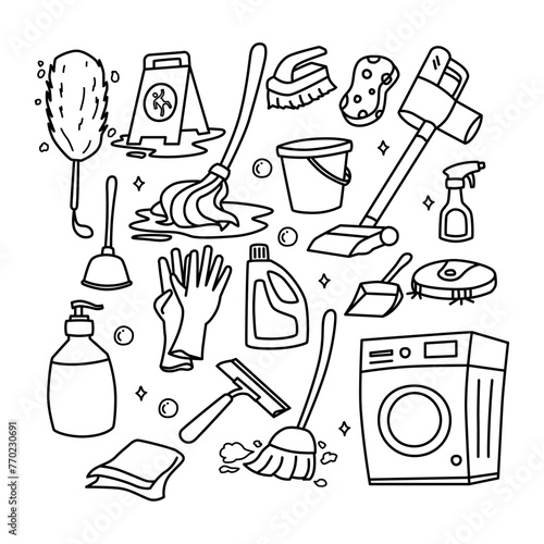 home cleaning hygiene household work detailed doodle outline line color set illustration