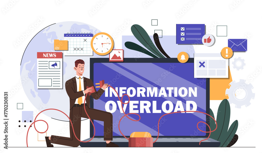 Man with information overload. Businessman with wires. Stress and panic from social networks and messengers. Social media addiction. Cartoon flat vector illustration isolated on white background Man with information overload. Businessman with wires. Stress and panic from social networks and messengers. Social media addiction. Cartoon flat vector illustration isolated on white background