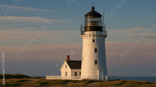 The Cape Cod Highland Lighthouse at sunny summer day, Cape Cod, Massachusetts, USA.generative.ai