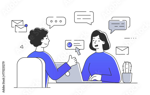 Job interview simple. Man and woman with laptop. HR manager with candidate at vacancy. Headhunting and recruitment. Doodle flat vector illustration isolated on white background