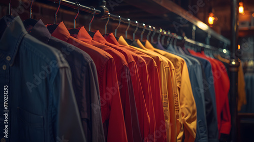 a row of colorful shirts hanging on a rack in a store