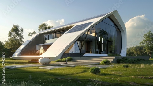A futuristic home with solarpowered windows utilizing nanotechnology to absorb sunlight and generate electricity for the household. . .