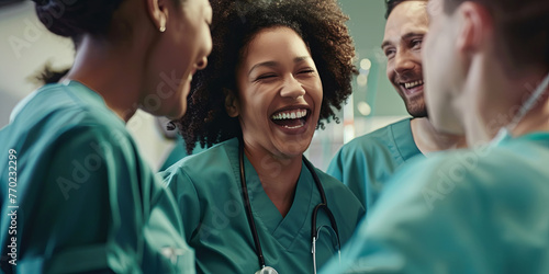 happy doctors laughing together in scrubs, generative AI