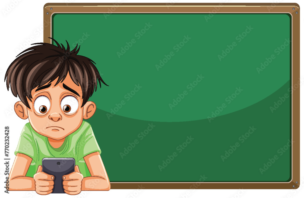Cartoon boy looking at phone in front of board Cartoon boy looking at phone in front of board