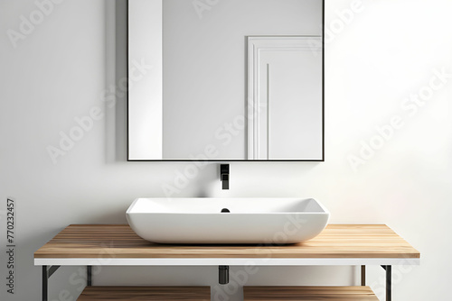 White bathroom sink standing on a wooden shelf. A square mirror hanging on a white wall. A close up. 3d rendering