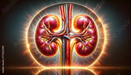 human kidneys with an intricate network of blood vessels  set against a glowing background that accentuates their complexity and vitality. 3d illustration.